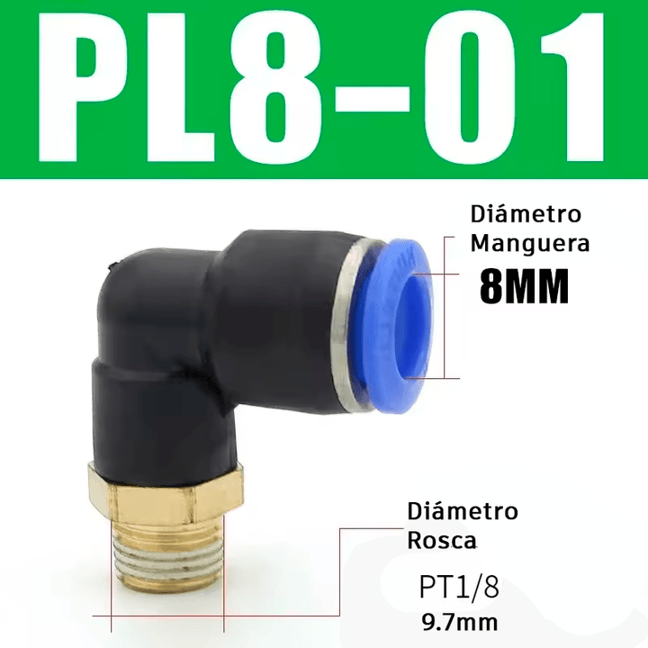 Conector Neumático en Codo Ángulo 90° PL6 - 01/02 PL8 - 01/02 1/4" 1/8" 6/8mm - Tecneu