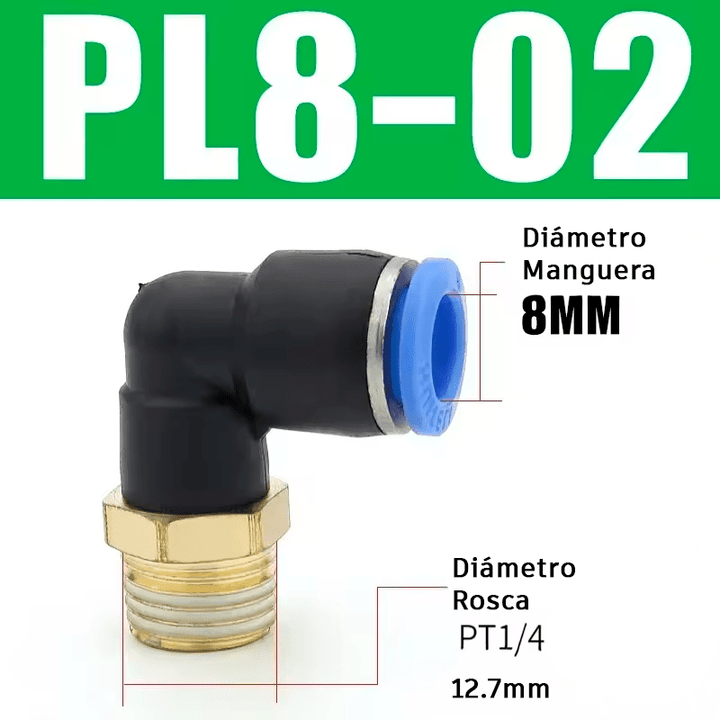 Conector Neumático en Codo Ángulo 90° PL6 - 01/02 PL8 - 01/02 1/4" 1/8" 6/8mm - Tecneu