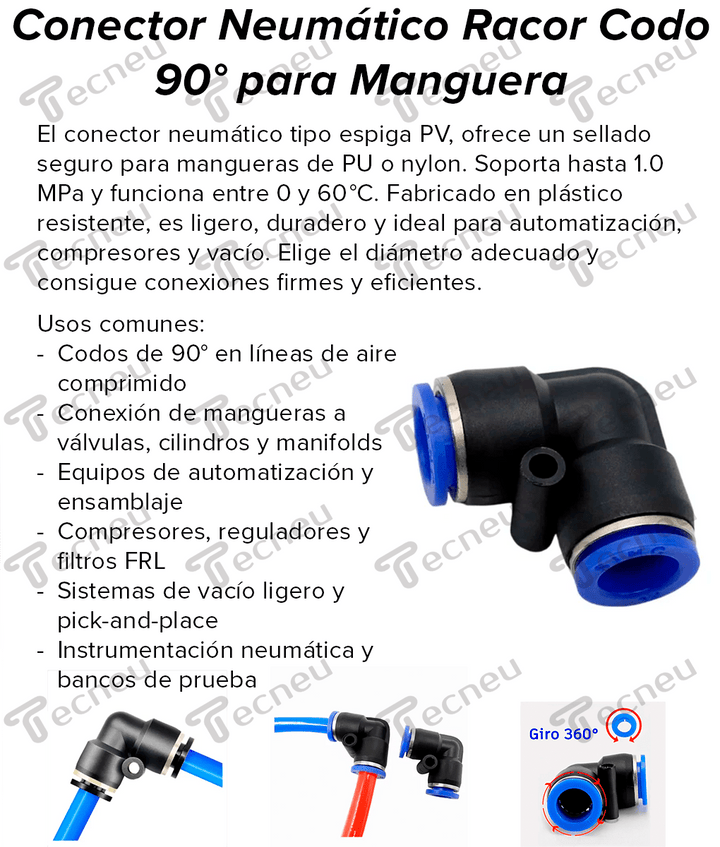 Conector Neumático Racor Codo 90° PV6/PV8 para Manguera de 6mm - 8mm - Tecneu