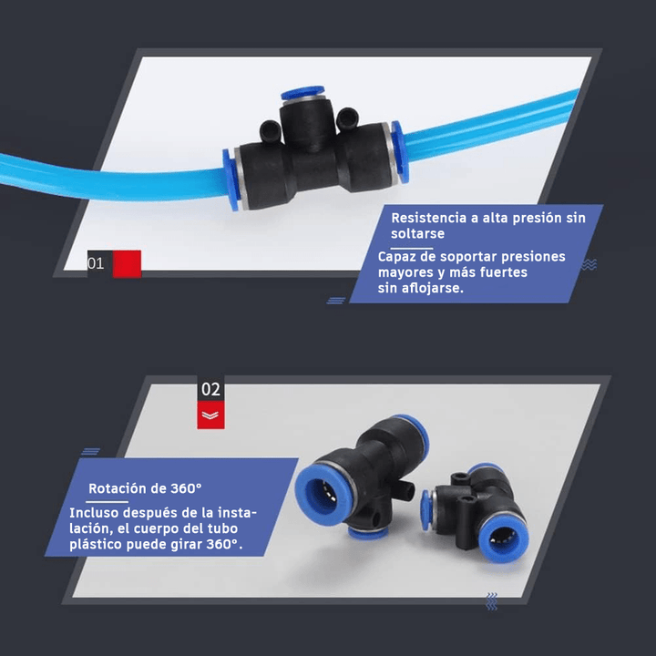 Conector Racor Neumático en “T” PE6/PE8 para Manguera de 6/8mm Rápido - Tecneu