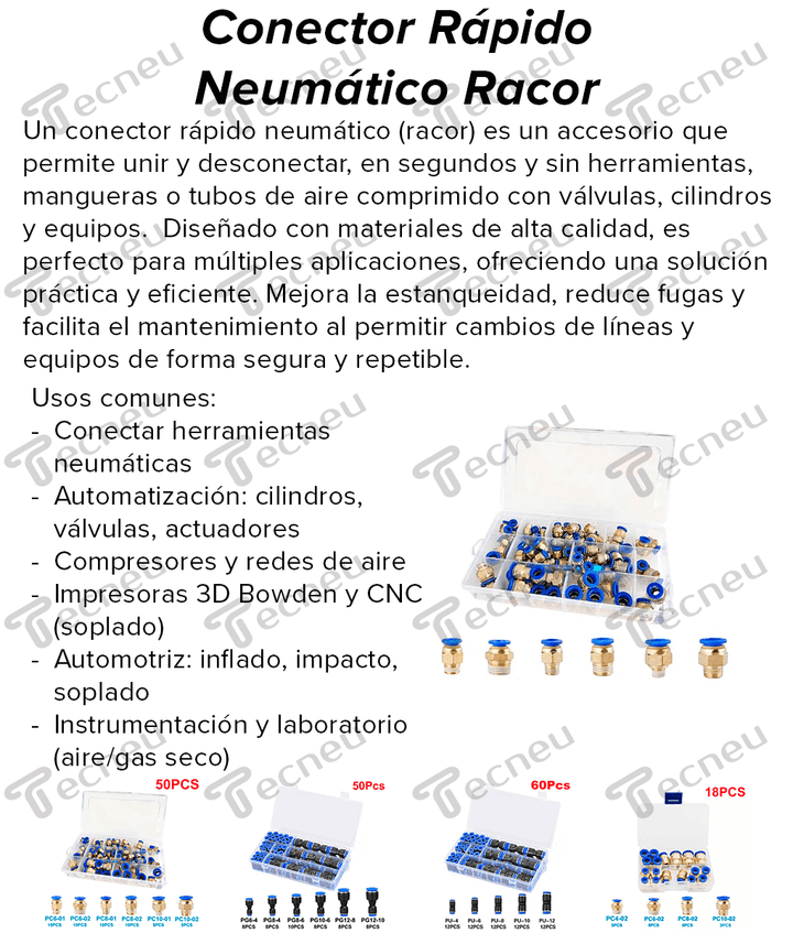 Conector Rápido Neumático Racor Latón 50Pzas 6,8,10mm 1/4 1/8 - Tecneu