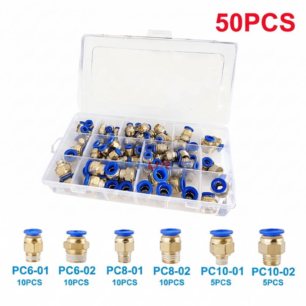Conector Rápido Neumático Racor Latón 50Pzas 6,8,10mm 1/4 1/8