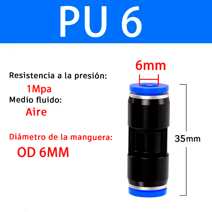 Conector Unión Recta Neumática PU para Manguera 6/8mm 1MPa - Tecneu