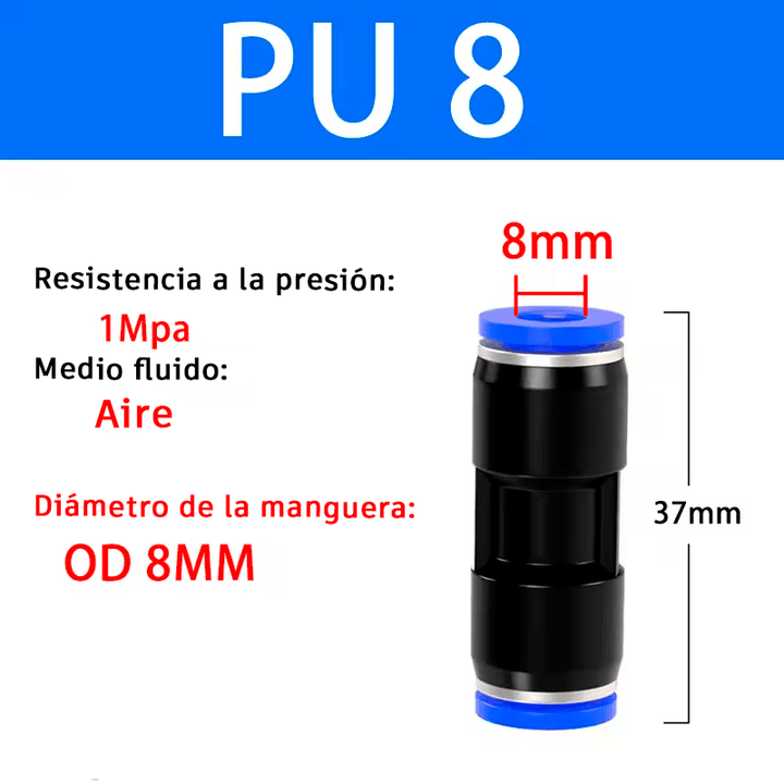 Conector Unión Recta Neumática PU para Manguera 6/8mm 1MPa - Tecneu