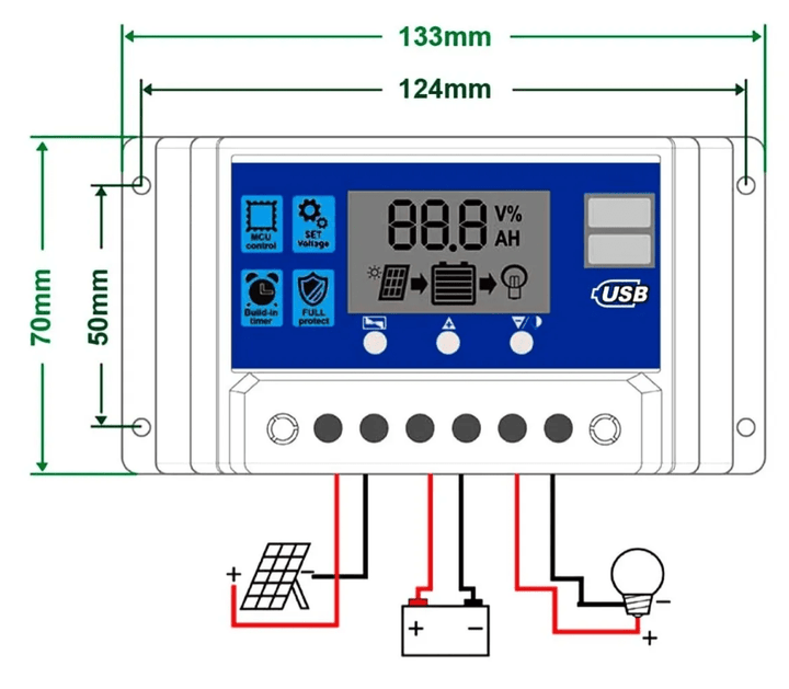 Controlador De Carga Solar 10a 12v/24v Pwm, Lcd, Usb 5v Dual - Tecneu