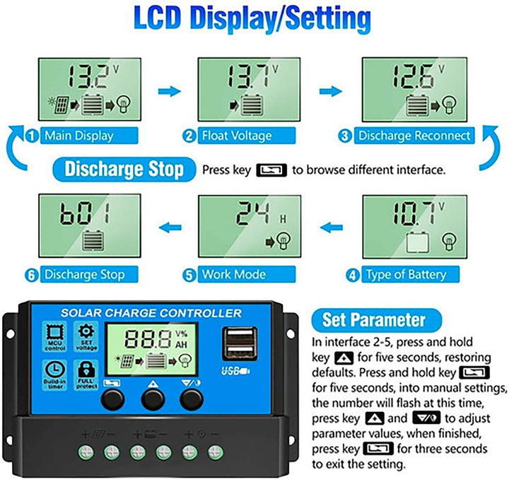 Controlador De Carga Solar 10a 12v/24v Pwm, Lcd, Usb 5v Dual - Tecneu