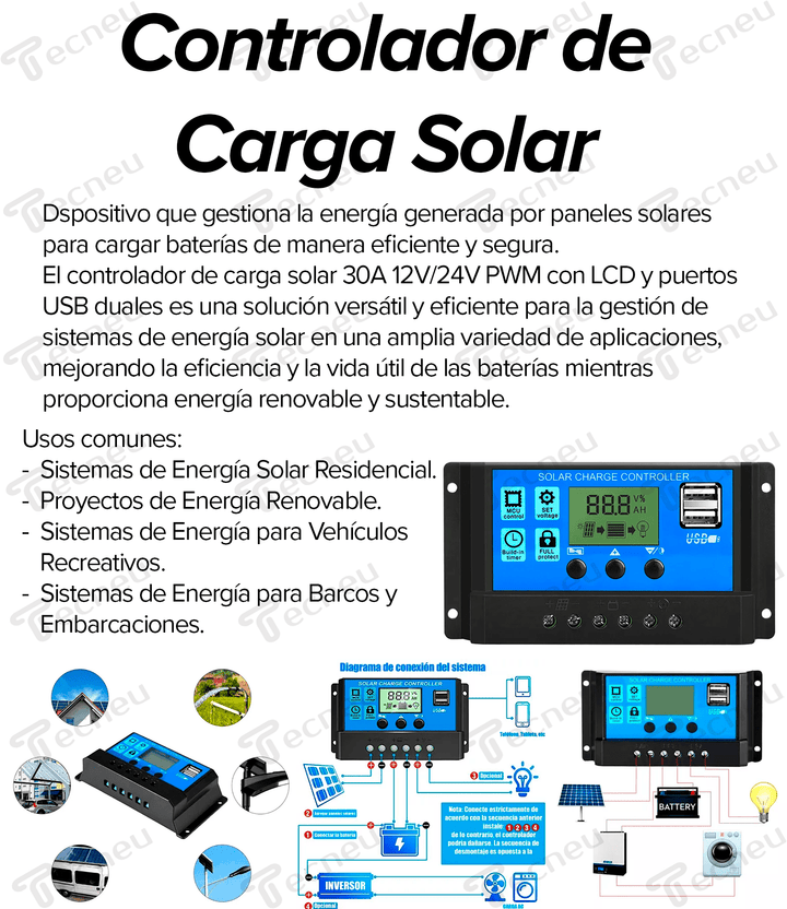 Controlador De Carga Solar 30a 12v/24v Pwm, Lcd, Usb 5v Dual - Tecneu