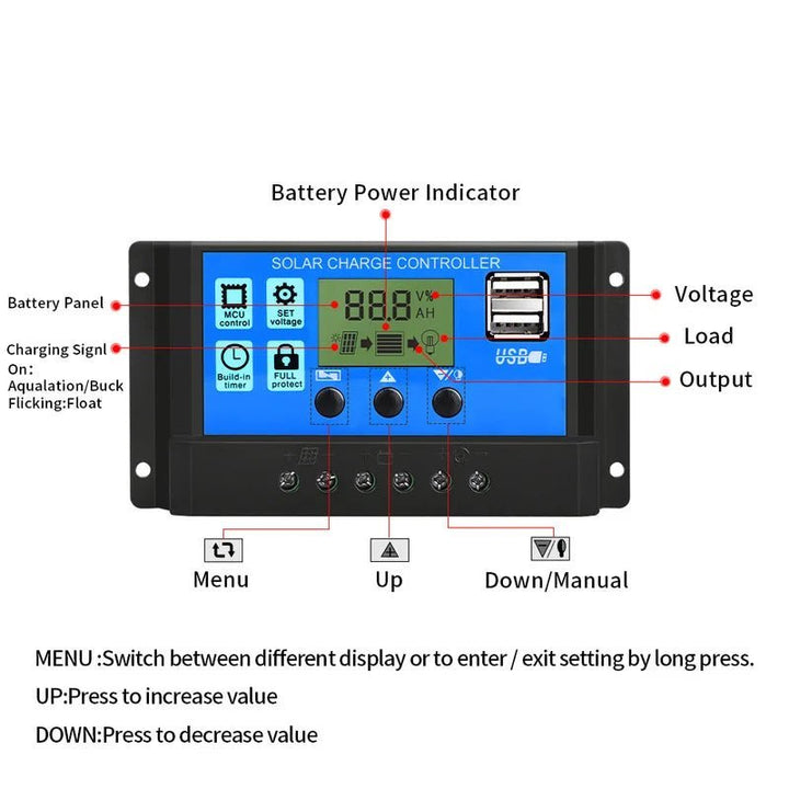 Controlador De Carga Solar 30a 12v/24v Pwm, Lcd, Usb 5v Dual - Tecneu