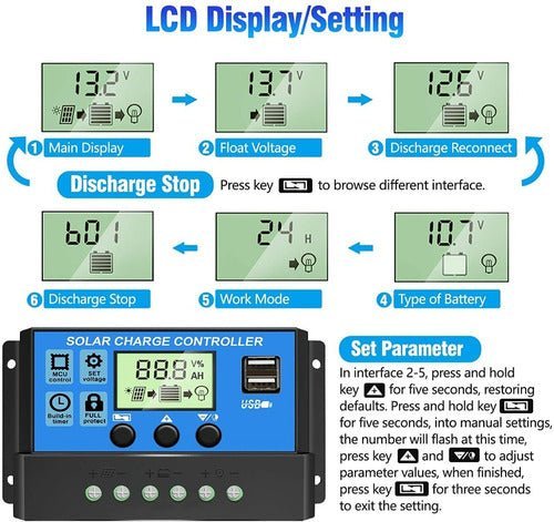Controlador De Carga Solar 30a 12v/24v Pwm, Lcd, Usb 5v Dual - Tecneu