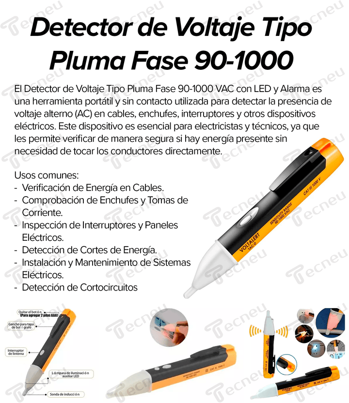 Detector De Voltaje Tipo Pluma Fase 90 - 1000 Vac Led Alarma - Tecneu