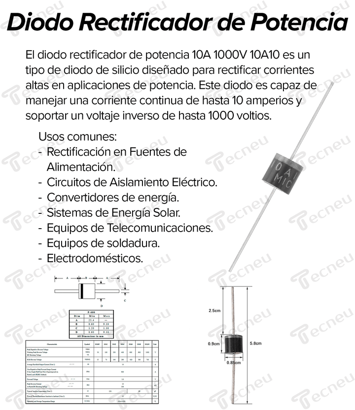 Diodo rectificador de potencia 10A 1000 V De silicio Circuito De Aislamiento Eléctrico 10A10 - Tecneu