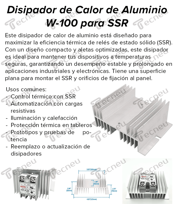 Disipador de Calor de Aluminio W - 100 para SSR Tamaño 125x50mm - Tecneu