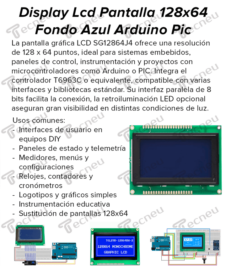 Display Lcd Pantalla 128x64 Fondo Azul Arduino Pic SG12864J4 - Tecneu