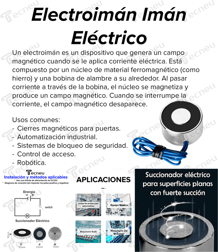 Electroimán Iman Electrico Succión 60kg Cargas Pesadas 12v - Tecneu