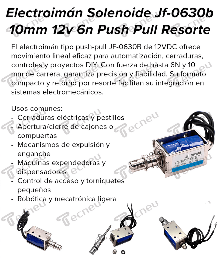 Electroimán Solenoide JF - 0630B 10mm Carrera 12VDC Push Pull 6N 2A - Tecneu