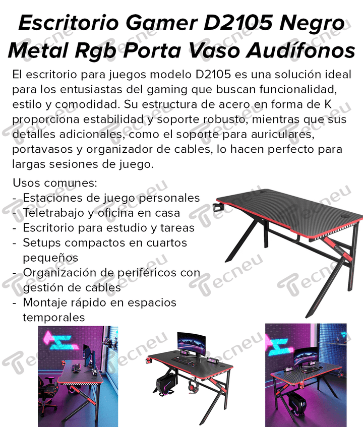 Escritorio Gamer D2105 Negro RGB Estructura Metal Porta Vaso Audífonos - Tecneu