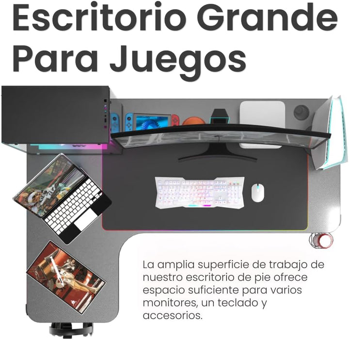 Escritorio Gamer D2200 RGB LED Estructura Metal Porta Vaso Audífonos - Tecneu