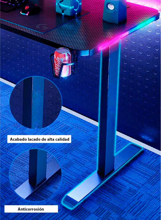 Escritorio Gamer D2200 RGB LED Estructura Metal Porta Vaso Audífonos - Tecneu