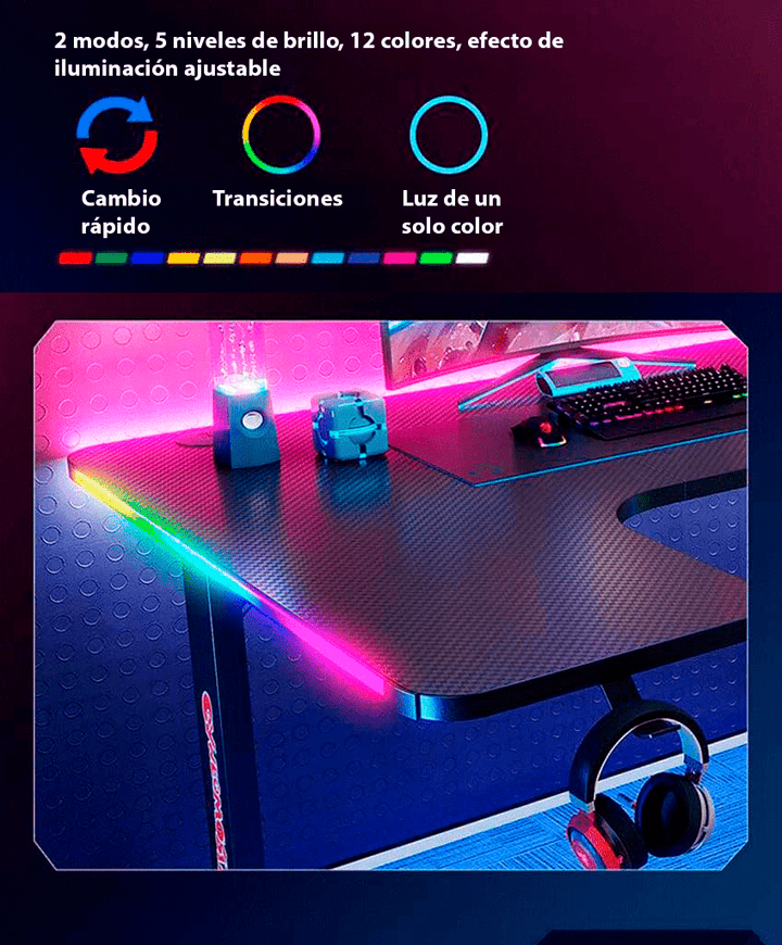 Escritorio Gamer D2200 RGB LED Estructura Metal Porta Vaso Audífonos - Tecneu