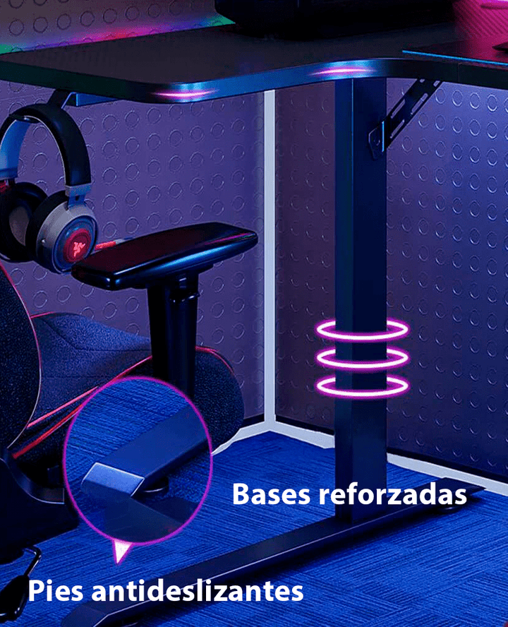 Escritorio Gamer D2200 RGB LED Estructura Metal Porta Vaso Audífonos - Tecneu