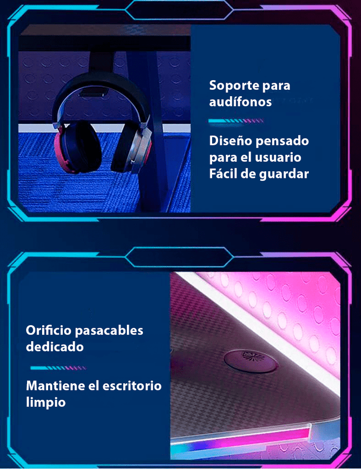 Escritorio Gamer D2200 RGB LED Estructura Metal Porta Vaso Audífonos - Tecneu