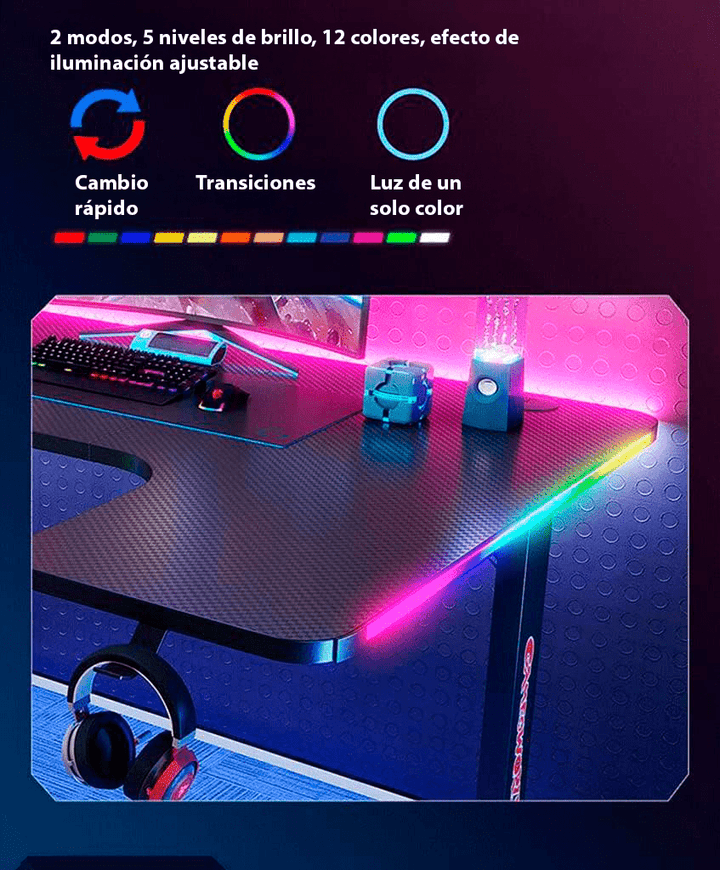 Escritorio Gamer D2200 RGB LED Estructura Metal Porta Vaso Audífonos - Tecneu