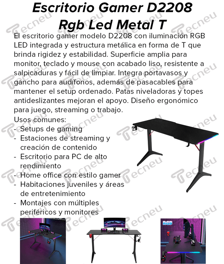 Escritorio Gamer D2208 RGB LED Estructura Metal Porta Vaso Audífonos - Tecneu