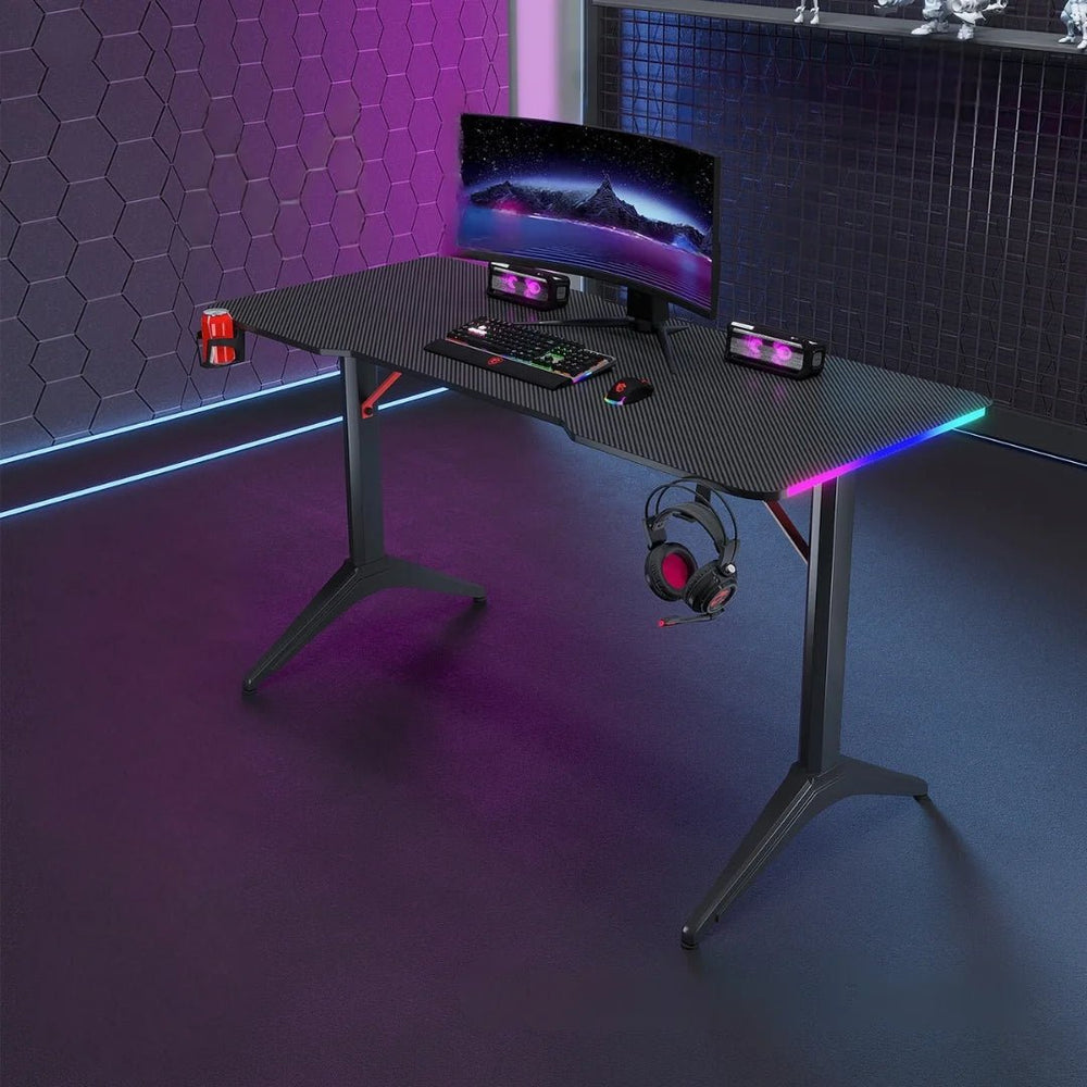 Escritorio Gamer 100x60cm D2208 RGB LED Estructura Metal Porta Vaso Audífonos