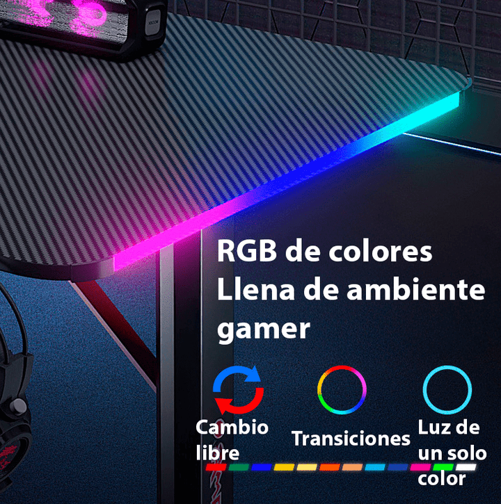 Escritorio Gamer D2208 RGB LED Estructura Metal Porta Vaso Audífonos - Tecneu