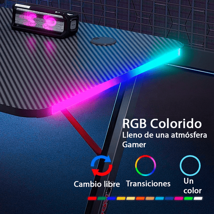 Escritorio Gamer D2209 RGB LED Estructura Metal en Z Porta Vaso Audífonos - Tecneu