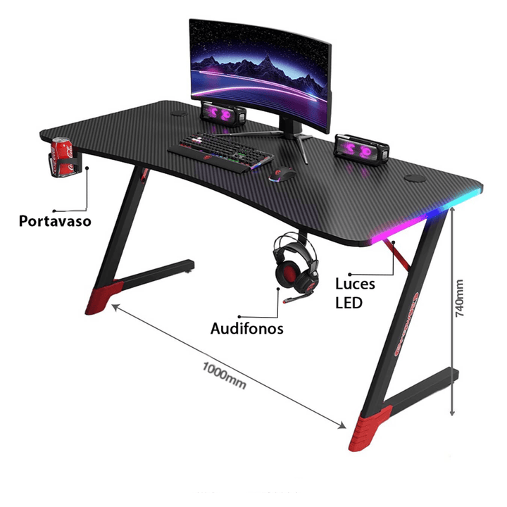 Escritorio Gamer D2209 RGB LED Estructura Metal en Z Porta Vaso Audífonos - Tecneu