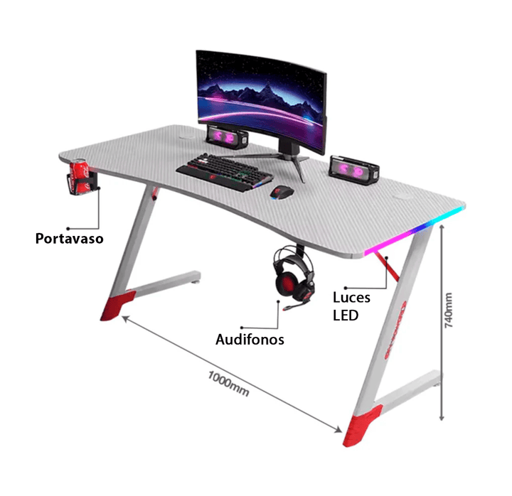 Escritorio Gamer D2209 RGB LED Estructura Metal en Z Porta Vaso Audífonos - Tecneu
