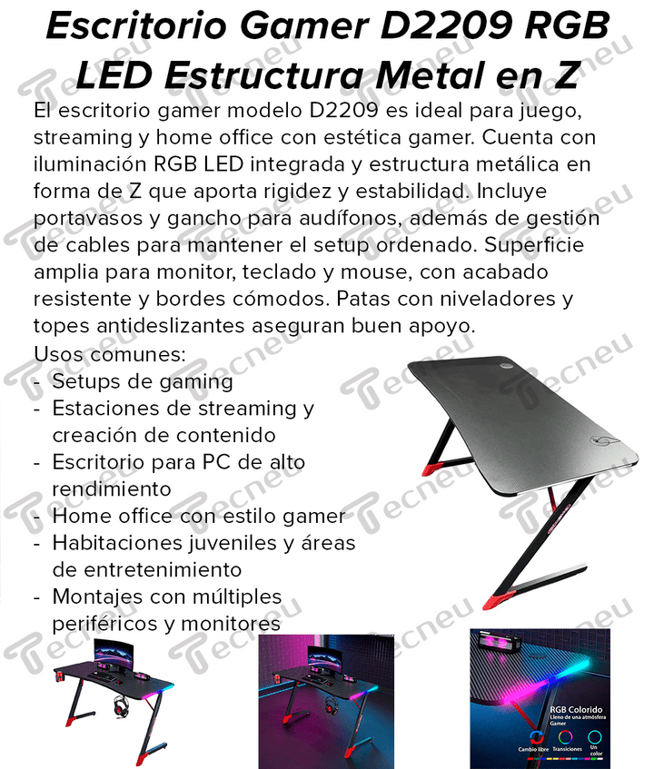 Escritorio Gamer D2209 RGB LED Estructura Metal en Z Porta Vaso Audífonos - Tecneu
