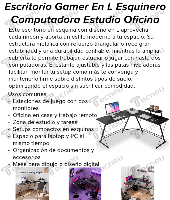 Escritorio Gamer En L Esquinero Oficina Ordenador 129x129cm - Tecneu