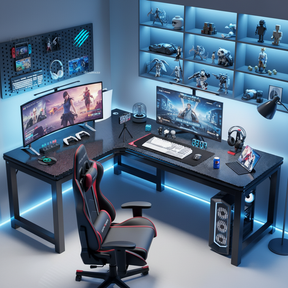 Escritorio Gamer L120 Metal Esquinero Fibra Carbono Oficina