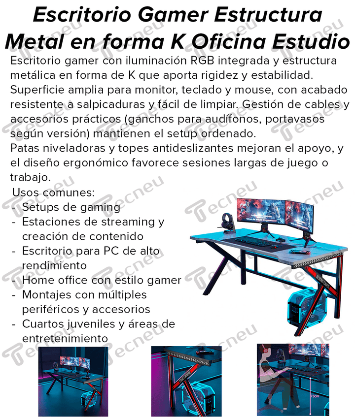Escritorio Gamer Marco Metálico En Forma De K Oficina 120x60cm - Tecneu