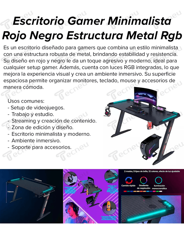 Escritorio Gamer Minimalista Rgb Porta Vaso Estructura Metal - Tecneu