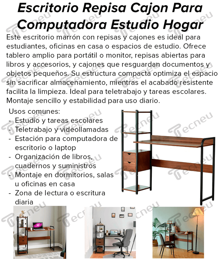 Escritorio Repisas y Cajones para Computadora Estudiantil y Hogar Marrón - Tecneu