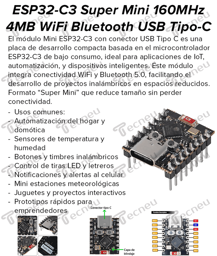 ESP32 - C3 Super Mini 160MHz 4MB WiFi Bluetooth USB Tipo - C - Tecneu