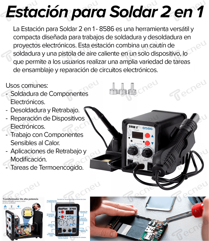Estacion Para Soldar 2 En 1 - 8586 Cautin Soldadura Pistola De Aire Caliente - Tecneu
