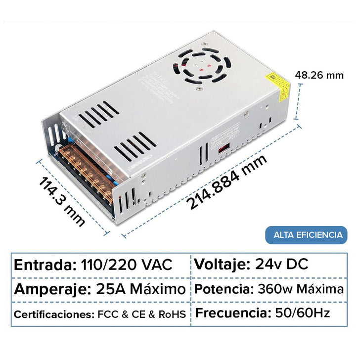Fuente De Alimentación Conmutada 24V 15A 360w 21.5x11.5x5cm Con Ventilación Forzada - Tecneu