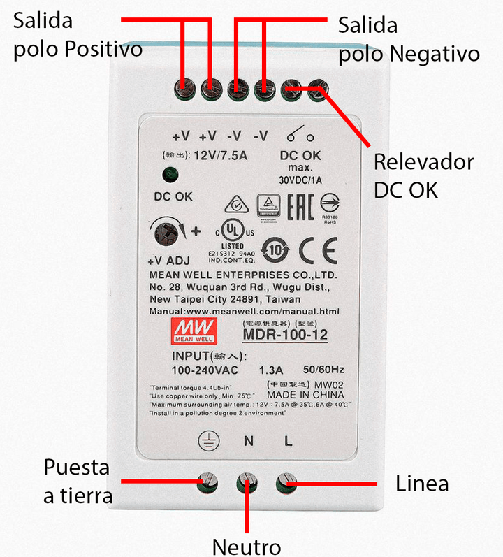 Fuente de alimentación MDR - 100 - 12 industrial conmutada 12V 7.5A - Tecneu