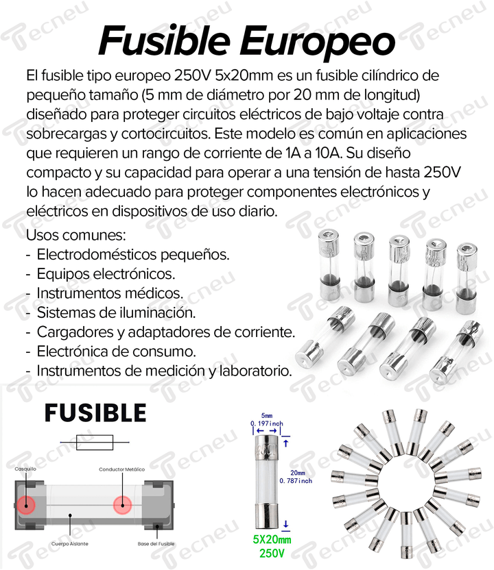 Fusible Tipo Europeo 250V 5x20mm Protección 1A - 10A - Tecneu