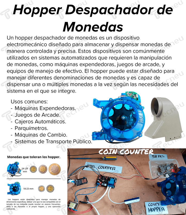 Hopper Despachador De Monedas 18 - 23mm Maquina Tragamonedas + Cono - Tecneu