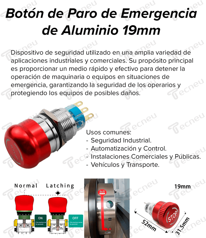 Interruptor Botón Parada De Emergencia De Aluminio 19mm - Tecneu