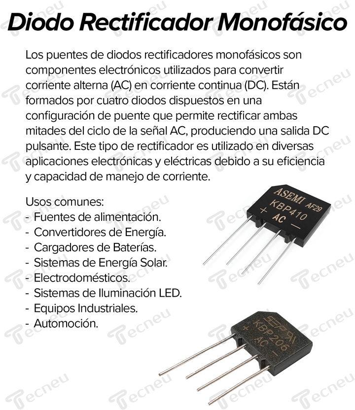 KBP410 Puente de diodos Rectificador Monofásico 1000V 4A - Tecneu