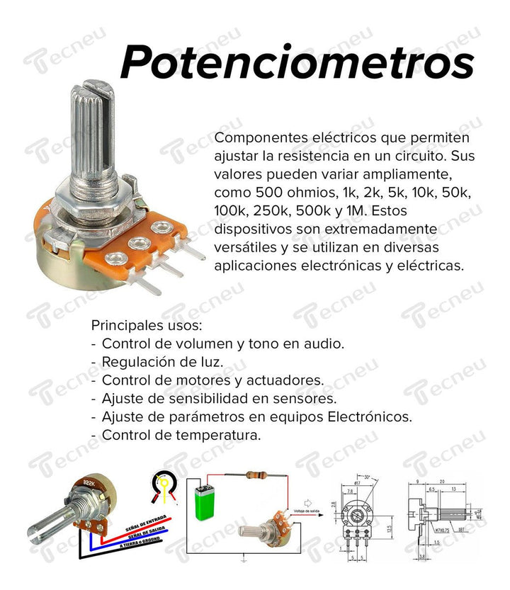 Kit 10 Potenciómetros Varios Valores + Caja Organizadora - Tecneu