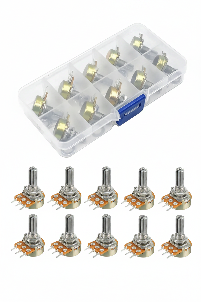 Kit 10 Potenciómetros 20mm Varios Valores + Caja Organizadora