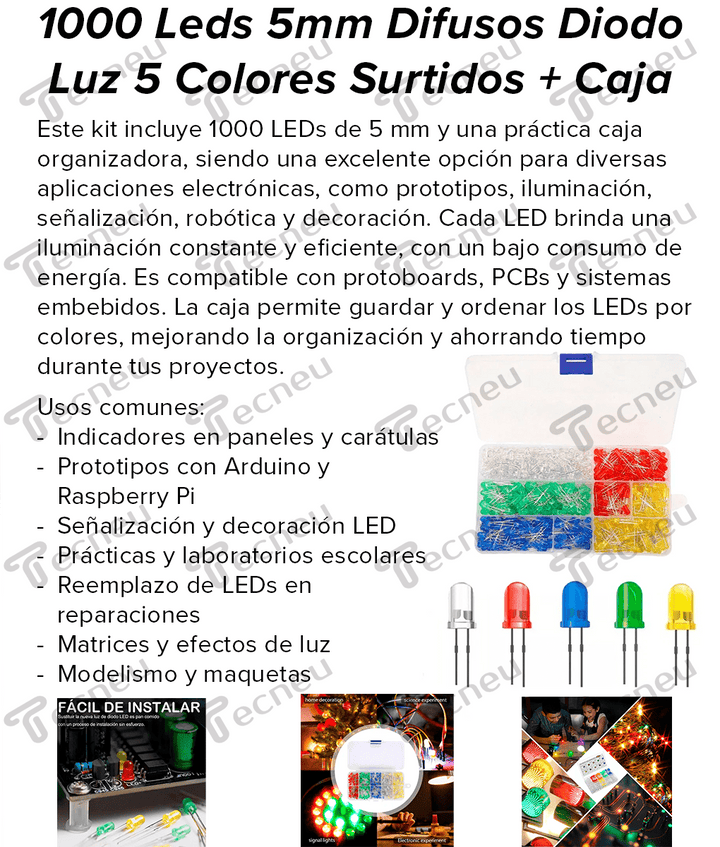 Kit 1000 Led Difusos Blanco, Amarillo, Azul, Verde, Rojo, Con Caja Organizadora - Tecneu