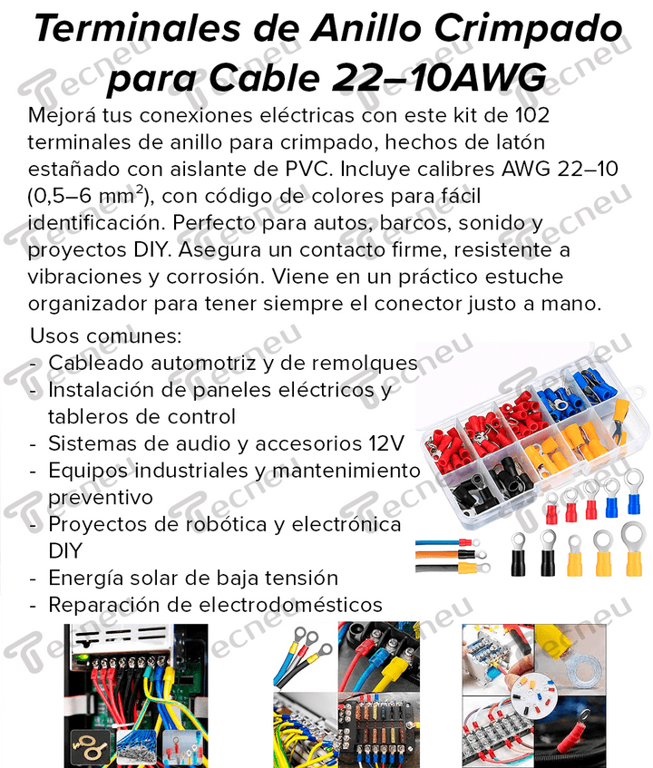 Kit 102 Piezas Terminales de Anillo ojillo crimpado para cable 22–10AWG - Tecneu